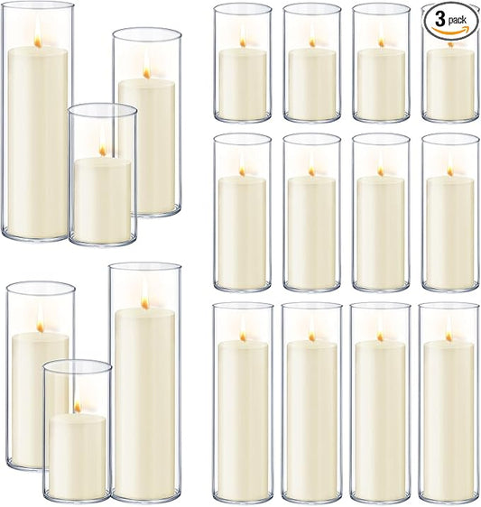 36 PCS Ivory White Pillar Candles with Glass Candle Holders Clear Hurricane Candle Holders Glass Cylinder Vases for Centerpieces Wedding Party, Event, Home Office (18 Candles+18 Candle Hoders)