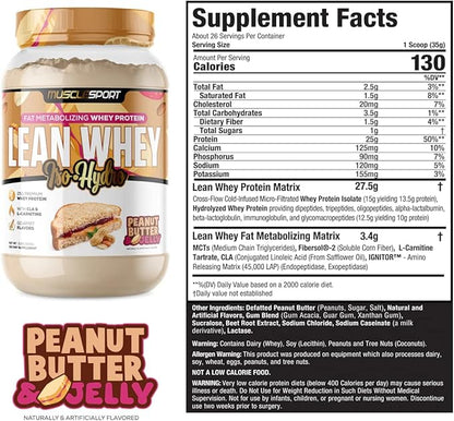 Musclesport Lean Whey Revolution?? Whey Protein Isolate with Hydrolyzed Whey - Low Calorie, Low Carb, Low Fat, Incredible Flavors - 25g Protein per Scoop (2LB, Peanut Butter & Jelly)