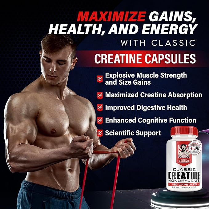 Old School Labs 5000mg Creatine Monohydrate Capsules With BioFit™ (Max Strength) Supports Muscle Growth & Recovery, Performance, Cognitive Health - Creatine Pills for Men & Women, Made in USA 180 Caps