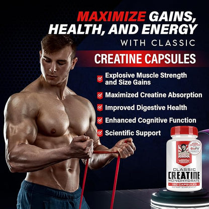 Old School Labs 5000mg Creatine Monohydrate Capsules With BioFit™ (Max Strength) Supports Muscle Growth & Recovery, Performance, Cognitive Health - Creatine Pills for Men & Women, Made in USA 180 Caps
