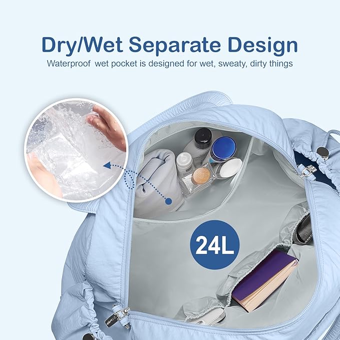 TOPDesign Travel Duffel Bag for Women, Puffer Gym Bag Sports Tote with Wet Pocket, Carry On Weekender with Luggage Sleeve (Ocean Blue)