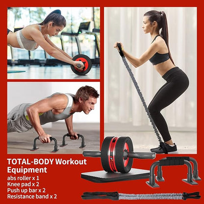 Ab Rollers Wheel Kit, Exercise Wheel Core Strength Training Abdominal Roller Set with Push Up Bars, Resistance Bands, Knee Mat Home Gym Fitness Equipment for Abs Workout