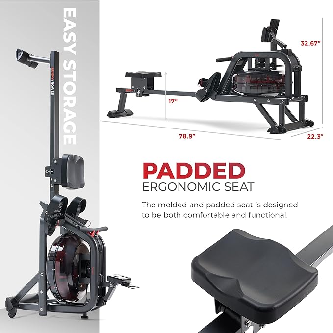 Sunny Health & Fitness Premium Water Rower w/Intensive Dynamic Real-Time Resistance, 300 LB Capacity Flip-able Rowing Machine for Home Training, Optional Free SunnyFit App Connection