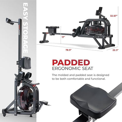 Sunny Health & Fitness Premium Water Rower w/Intensive Dynamic Real-Time Resistance, 300 LB Capacity Flip-able Rowing Machine for Home Training, Optional Free SunnyFit App Connection