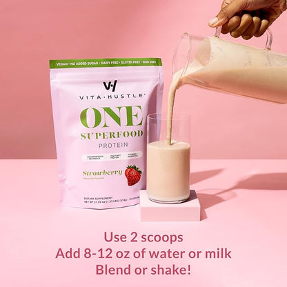 VitaHustle ONE Meal Replacement Shake - Plant Based Protein Powder by Kevin Hart - Vegan, Meal Replacement Powder with Superfoods, Vitamins, Adaptogens & Probiotics -Strawberry Flavor, 15 Servings