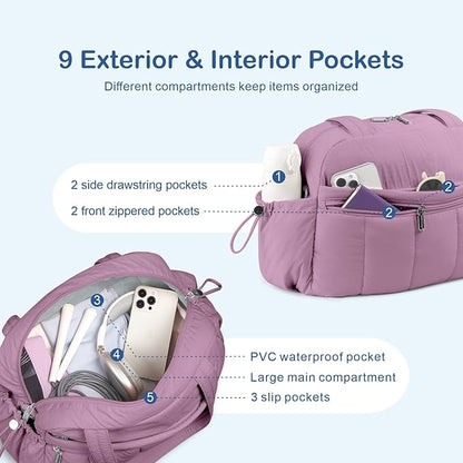 TOPDesign Travel Duffel Bag for Women, Puffer Gym Bag Sports Tote with Wet Pocket, Carry On Weekender with Luggage Sleeve (Purple)