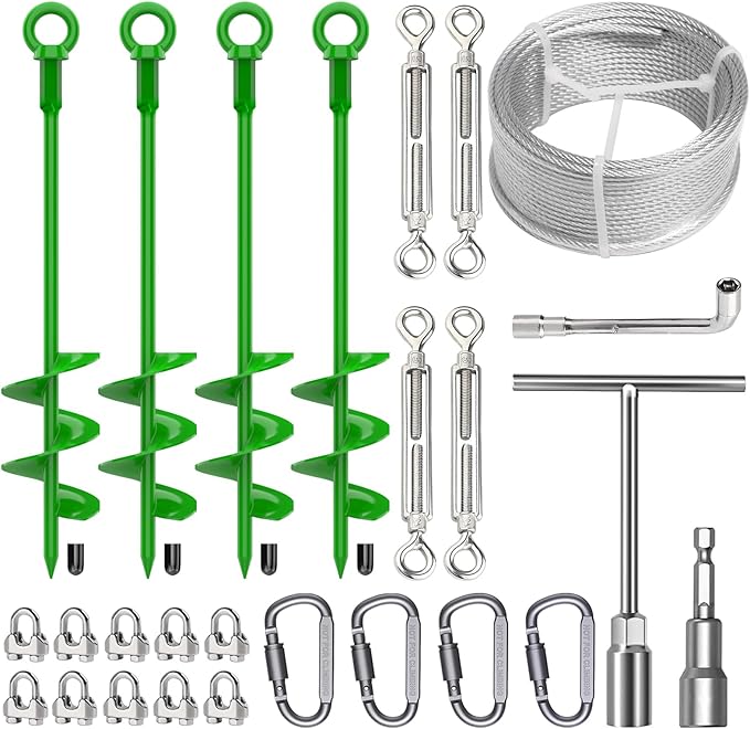 4 Pcs 18" Fully Welded Ground Anchors Shed Anchors Kit with 1/8" Galvanized Cable & Turnbuckles & Carabiners, Heavy Duty Earth Anchors for Sheds Trees Trampoline Greenhouse Swing Set Tent (Green)