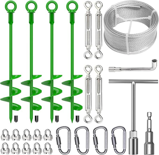 4 Pcs 18" Fully Welded Ground Anchors Shed Anchors Kit with 1/8" Galvanized Cable & Turnbuckles & Carabiners, Heavy Duty Earth Anchors for Sheds Trees Trampoline Greenhouse Swing Set Tent (Green)