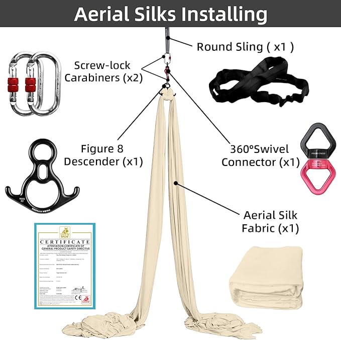 PRIOR FITNESS Aerial Silks Set, Professional Thicker Low Stretch Fabric 9/15/20 Yards Aerial Silk Swing Set with Hardware Guide, Yoga Starter Kit For Home, Aerial Yoga Hammock, Silks for Gymnastics, Antigravity Yoga, Inversion Exercise-All Levels