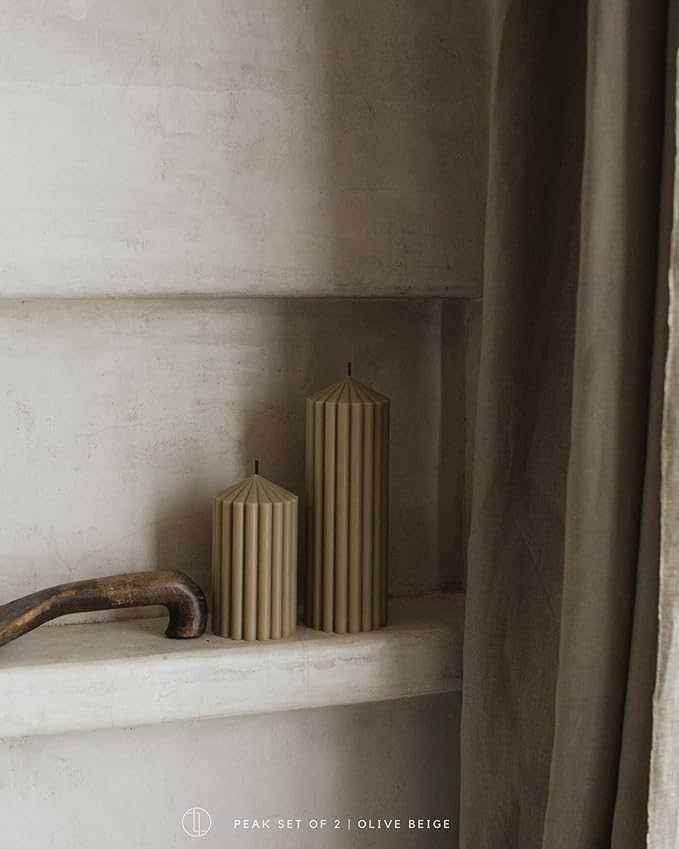 LAWA Ribbed Peak Pillar Candle - Large Beautiful Handmade Pillar Scented Soy Wax Candle Elegant Bubble Aesthetic Candle Housewarming Gift Home Room Shelf Decor Idea Olive Beige (Small)