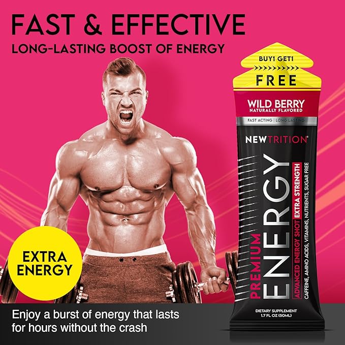 NewTrition® Extra Strength Energy Shots, 250mg Caffeine Energy Shots with Vitamin B & Amino Acids, Sugar-Free Vitamin Energy Shot, 1.7 fl oz (Pack of 6, Wild Berry)