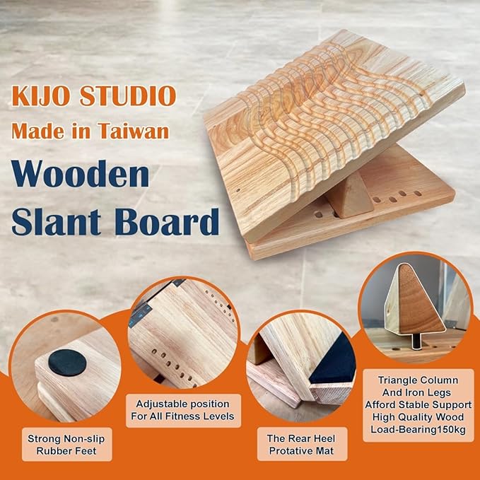 KIJO Studio Professional Wooden Calf Stretcher Slant Board 500 lbs Weight Capacity 16-Angle Adjustable Incline Calf Stretch Slant Board for Calf Stretching Exercise Squat & Physical Therapy Non-Slip