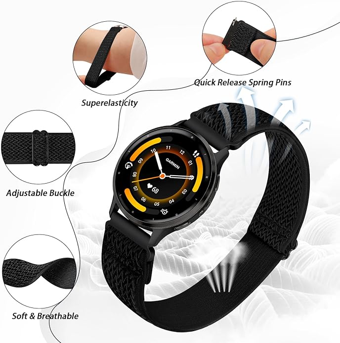 2 Pack Elastic Ankle/Arm Watch Bands Compatible with Garmin Venu 3/Venu 2/Vivoactive 4, Garmin Forerunner 570 47mm/265/255/255 Music, 22mm Sport Nylon Replacement Strap for Amazfit GTR 4/3/2