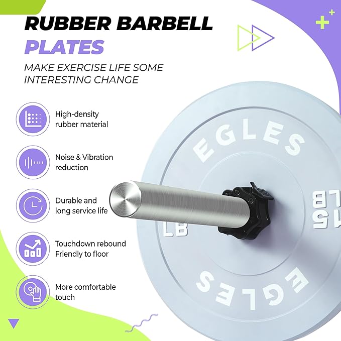 EGLES Vibrant Colorful Olympic Weight Plates, Rubber Barbell Plates, 2-inch Standard Virgin Rubber Bumper Plate 10 15 25 35 45LB for Home Gym Weightlifting, Strength Training, Fit Workouts