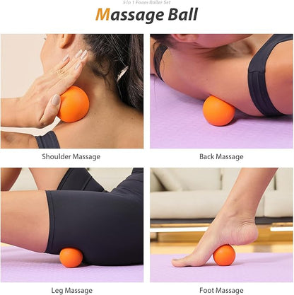 5 in 1 Foam Roller Set - Trigger Point Foam Back Roller, Muscle Roller Stick, Massage Ball, Stretching Band for Deep Muscle Massage Pilates Yoga,Fitness Exercise for Whole Body Release (Pure Orange)
