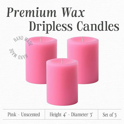 Mister Candle Dripless Unscented Pillar Candles, Set of 3 Hand Poured Solid Color Non-Scented Candles for Home Decor, Premium Wax, 60 Hr Burn Time - 3x4 Inch, Pink