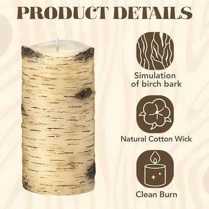 Birch Bark Pillar Candles, Fall Pillar Candles 3x6 Inch Set of 3, Thanksgiving Unscented Long-Lasting Smokeless Candles