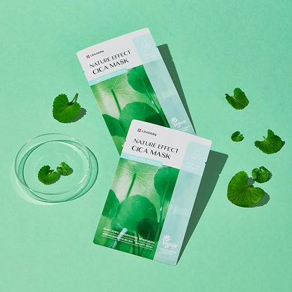 LEADERS Nature Effect Cica Mask ??Hydrating & Soothing Face Mask with Cica & Tea Tree Extracts for Healthy Skin, Skin Calming & Moisturizing, Vegan & Plant-Derived, Sebum Control - 10 Sheets