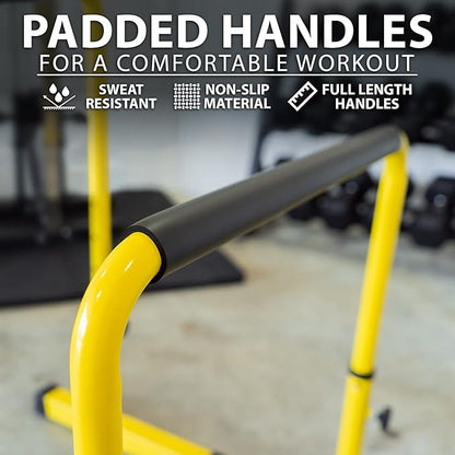 Synergee Dip Bar. Adjustable Dip Station from 30????39??for Dips, Inverted Pull Ups. Max capacity 400 lbs. Portable Dip Stand for Total Body Workout. Available in Yellow and Black.