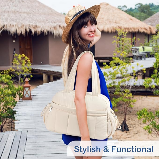 TOPDesign Travel Duffel Bag for Women, Puffer Gym Bag Sports Tote with Wet Pocket, Carry On Weekender with Luggage Sleeve (Beige)