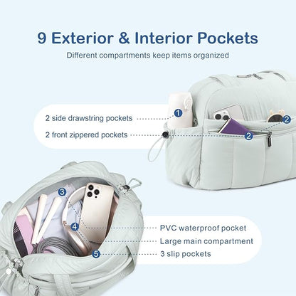 TOPDesign Travel Duffel Bag for Women, Puffer Gym Bag Sports Tote with Wet Pocket, Carry On Weekender with Luggage Sleeve (Serene Blue)