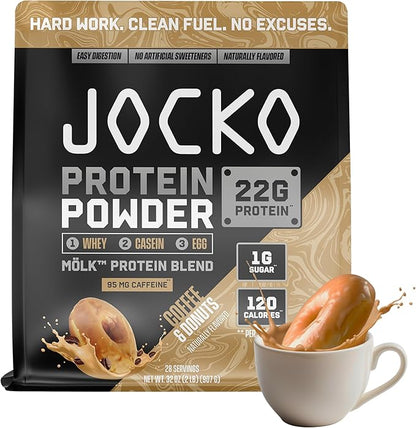 Jocko Fuel Mölk Whey Protein Powder 22g Protein - 95mg of Caffeine - Low Sugar Monk Fruit Blend - Muscle Recovery & Growth, Packaging May Vary (28 Servings, Coffee & Donuts)