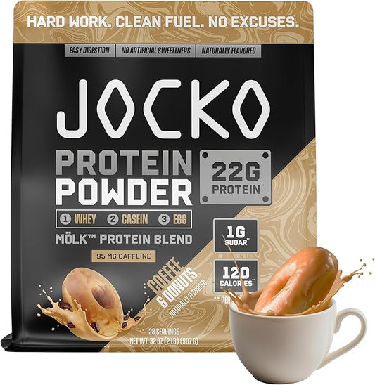 Jocko Fuel Mölk Whey Protein Powder 22g Protein - 95mg of Caffeine - Low Sugar Monk Fruit Blend - Muscle Recovery & Growth, Packaging May Vary (28 Servings, Coffee & Donuts)