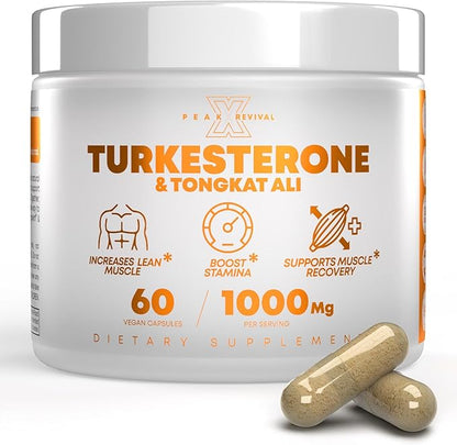 Turkesterone & Tongkat Ali 1000mg Supplement - 500mg Ajuga Turkestanica Per Serving Increase Stamina, Lean Muscle Growth & Recovery - Made in The USA (60 Capsules)