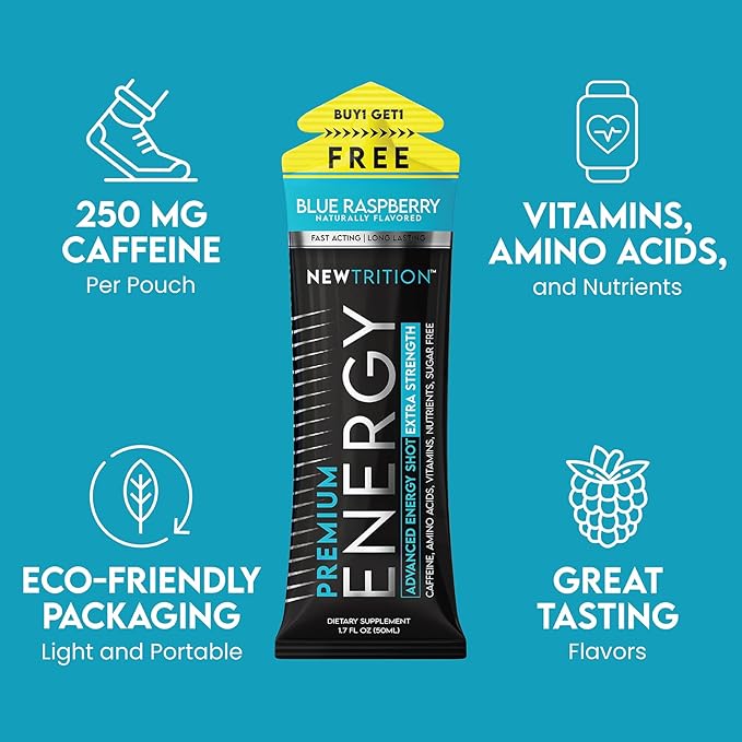 NewTrition® Extra Strength Energy Shots, 250mg Caffeine Energy Shots with Vitamin B & Amino Acids, Sugar-Free Vitamin Energy Shot, 1.7 fl oz (Pack of 6, Blue Raspberry)