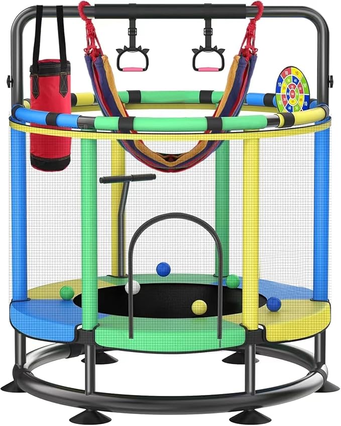 Trampoline for Kids, Full Anti-Rust 440lbs Anti-Rollover Round Bottom Toddler Trampoline, T-handrail Adjustable Baby Toddler Trampolines Dart Board