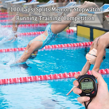 FCXJTU Digital Sports Stopwatch Timer 10/100 Lap Split Memory Stopwatch Calendar Alarm, Pace Mode with 3-Row Extra Large Screen Water Resistant Includes Battery, Lanyard for P.E Referee Coaches