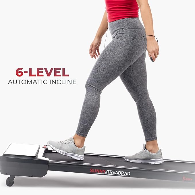 Sunny Health & Fitness Sleek Compact Smart Treadpad Treadmill with 6-Level Auto Incline, Remote Control, Shock Absorption, Optional Dual Mode Walking/Running & Free SunnyFit App Bluetooth Connectivity