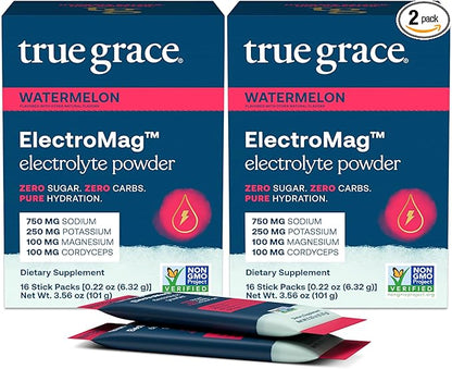 True Grace ElectroMag - 16 Stick Packs (Pack of 2) - Watermelon - Electrolyte Powder for Rapid Hydration - Sodium, Potassium, Magnesium & Cordyceps - Zero Sugar & Carbs - Non-GMO - 32 Total Servings