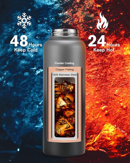 40oz Insulated Water Bottle,Stainless Steel Vacuum Water Bottle, BPA-Free & Leakproof -with Paracord Handle,Strap,Straw Spout Lids,Large Water Jug for Gym Sports