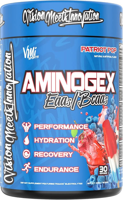 VMI Sports Aminogex Ultra | BCAA Powder | Amino Acids + Betaine and Glutamine | Amino Acid Post Workout Recovery Drink | Intra Workout Drink with Electrolytes | (30 Servings) (Patriot Pop)