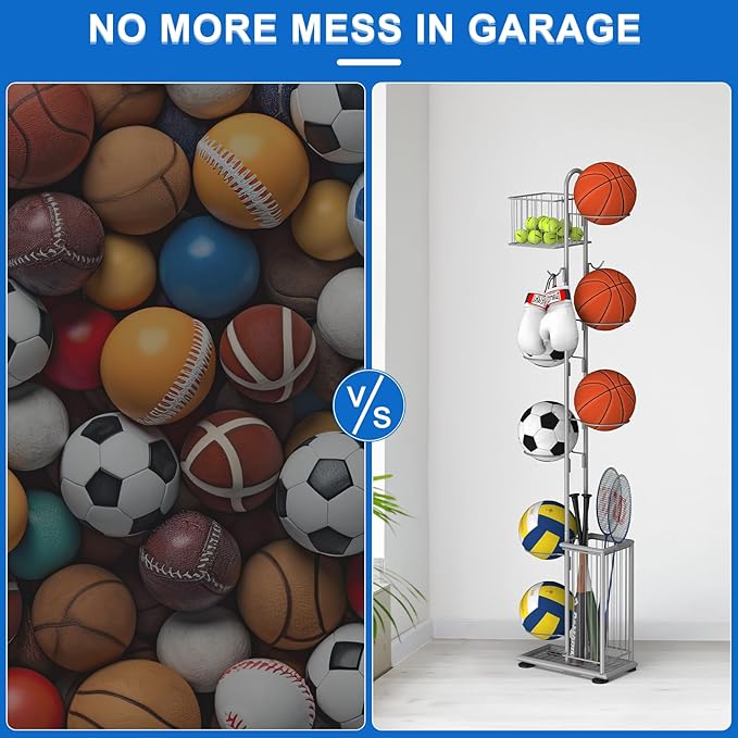 7 Tier Ball Storage Rack, Basketball Holder, Garage Sports Equipment Organizer with Basket & Hooks, Basketball Rack for Indoor/Outdoor, Ball Rack for Basketballs Footballs Volleyball, Silver