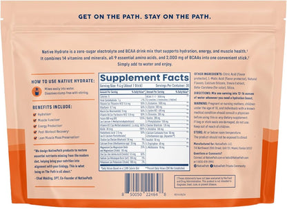 NativePath Native Hydrate Stick Packs, Sugar Free Electrolytes Powder with BCAAs, Peach Mango Hydration, Keto & Paleo Friendly, 30 Servings