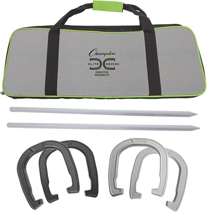 Champion Sports Horseshoe Set: Traditional Outdoor Lawn Game includes Four Professional Solid Steel Horseshoes with Solid Steel Stakes & Carrying Storage Case