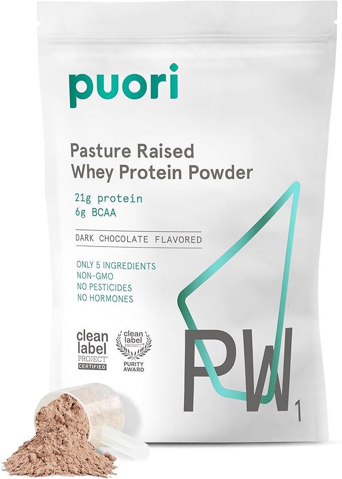 Puori Whey Protein Powder - Dark Chocolate - PW1 Pasture Raised, Grass-Fed & Non-GMO - 100% Natural and Pure for Muscle Growth - 21g Protein 1.98lbs - Gluten-Free