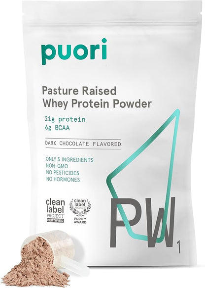 Puori Whey Protein Powder - Dark Chocolate - PW1 Pasture Raised, Grass-Fed & Non-GMO - 100% Natural and Pure for Muscle Growth - 21g Protein 1.98lbs - Gluten-Free