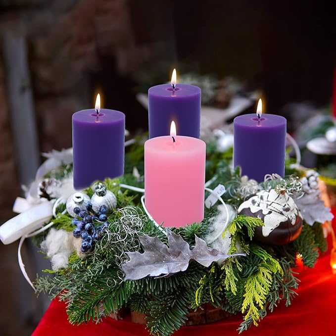 2x3 Inch Advent Pillar Candles Set of 4 Unscented Dripless Purple Pink Candles for Christmas Weddings Home Holidays Relaxation Spa Church