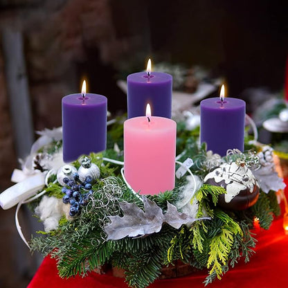 2x3 Inch Advent Pillar Candles Set of 4 Unscented Dripless Purple Pink Candles for Christmas Weddings Home Holidays Relaxation Spa Church