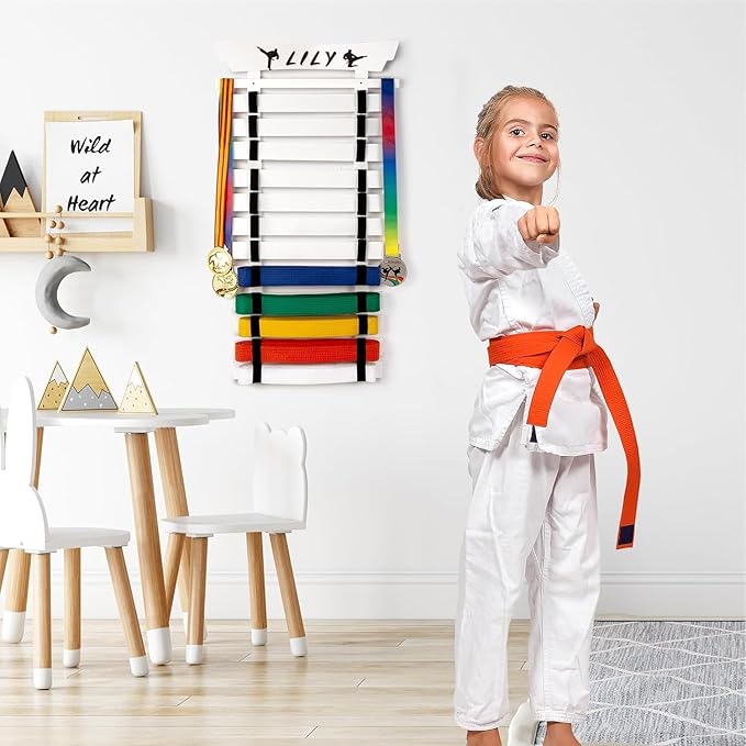 12 Belts Karate Belt Display Rack with Stickers, Martial Arts Belt Display Holder, Taekwondo Belt Jiu Jitsu Belt BJJ Belt Display Hanging Holder for Adults