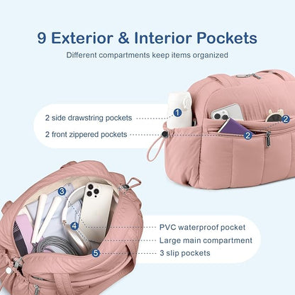 TOPDesign Travel Duffel Bag for Women, Puffer Gym Bag Sports Tote with Wet Pocket, Carry On Weekender with Luggage Sleeve (Dark Pink)