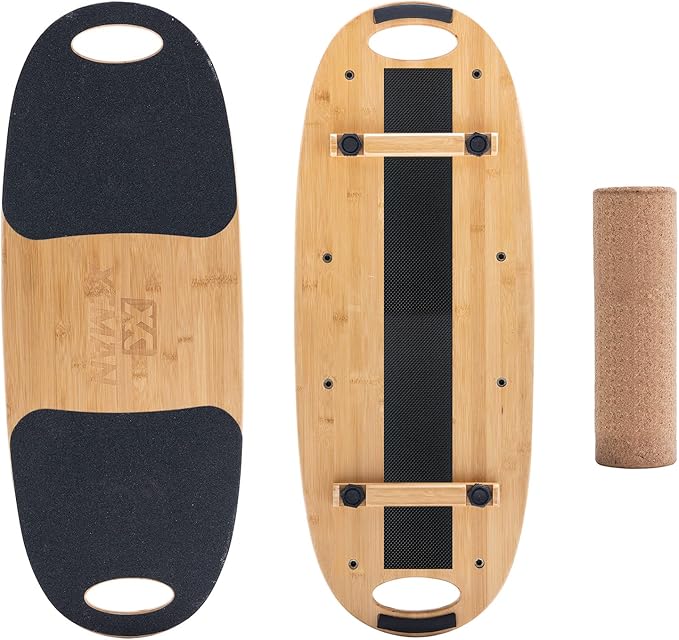 XCMAN Balance Board Surf Trainer with Adjustable Stoppers - 3 Different Distance Options Bamboo Balance Board for Surfing, Snowboarding, Skiing, Skateboarding, Yoga Training