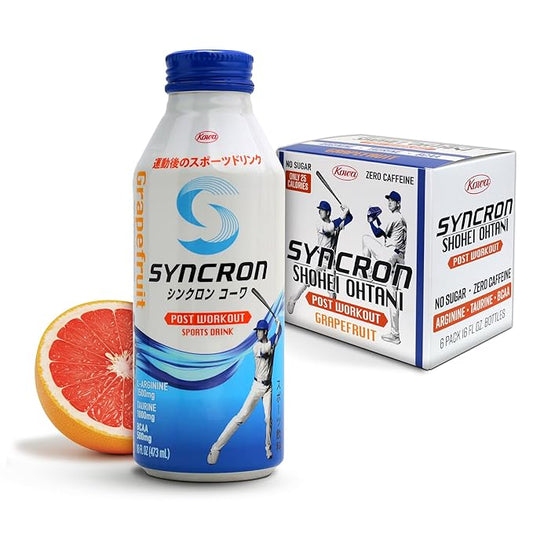 Syncron Post Workout Sports Drink Endorsed by Shohei Ohtani, Sugar Free Electrolyte Hydration, Aluminum Bottled Drink, Taurine, L Arginine & BCAAs for Athletes, Grapefruit Flavor, 6 Pack, 16 oz