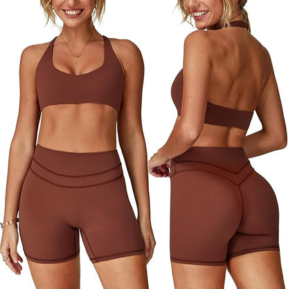 Two piece yoga short set for women with Halter top and gym short Matching workout sets for yoga,Pilates,run