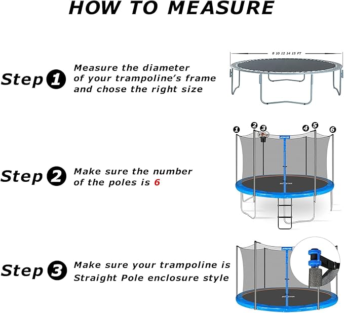 Trampoline Replacement Safety Enclosure Net for 6 Straight Poles Round Frame Trampolines, Breathable and Weather-Resistant Trampoline Net with Adjustable Straps (Net Only)