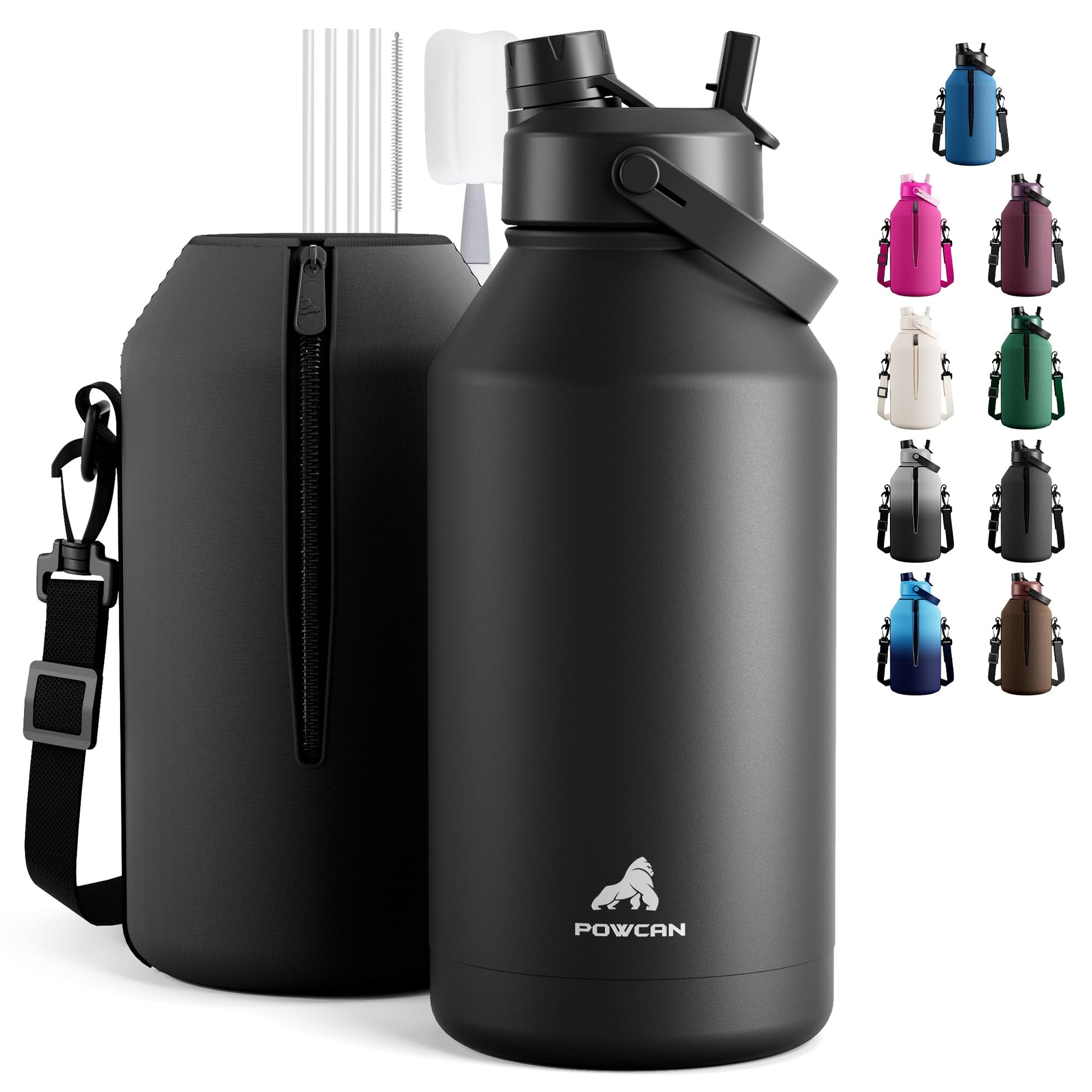 POWCAN 64 oz Insulated Water Bottle for Sports: 2-in-1 Straw & Spout Lid, Leakproof, Carrier Bag