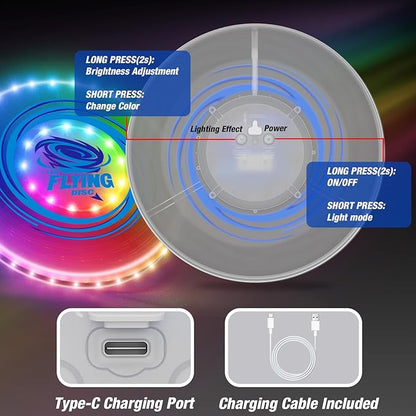 2 Pack Light up Flying Discs for Kids, Rechargeable Disc with 45 LEDs, 14 Lighting Modes(10") & Built-in Battery Disc(7.8"), Glow in The Dark Flying Ring for Beach/Summer Camping/Outdoor Sport